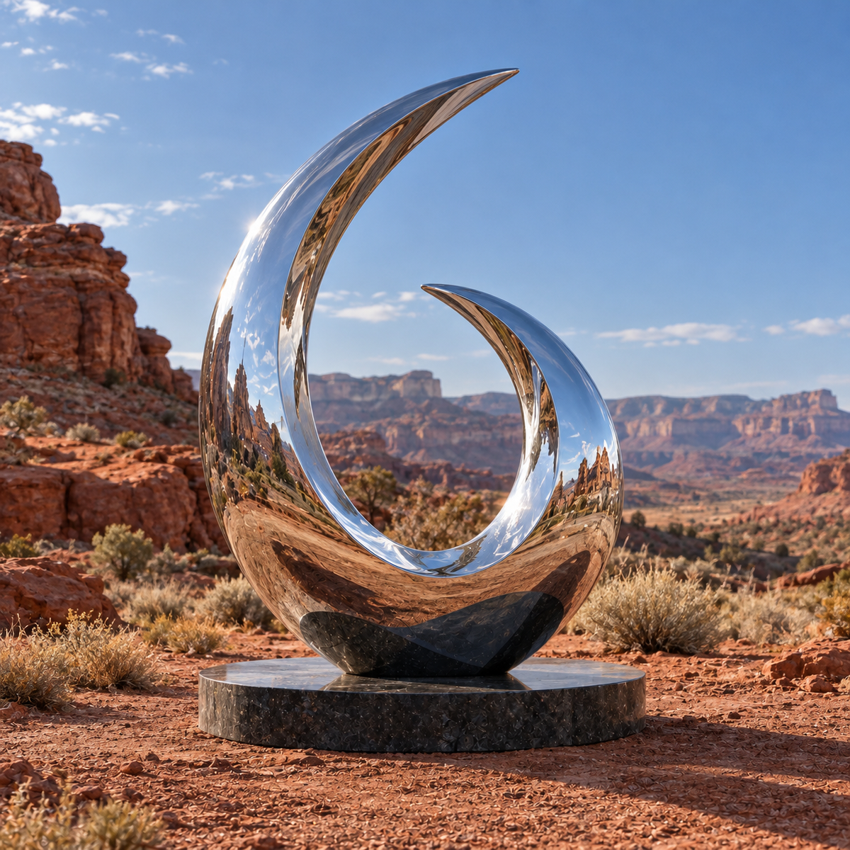 Eternal Arc Mirror Stainless Steel Abstract Wave Sculpture displayed in a red-rock desert landscape.