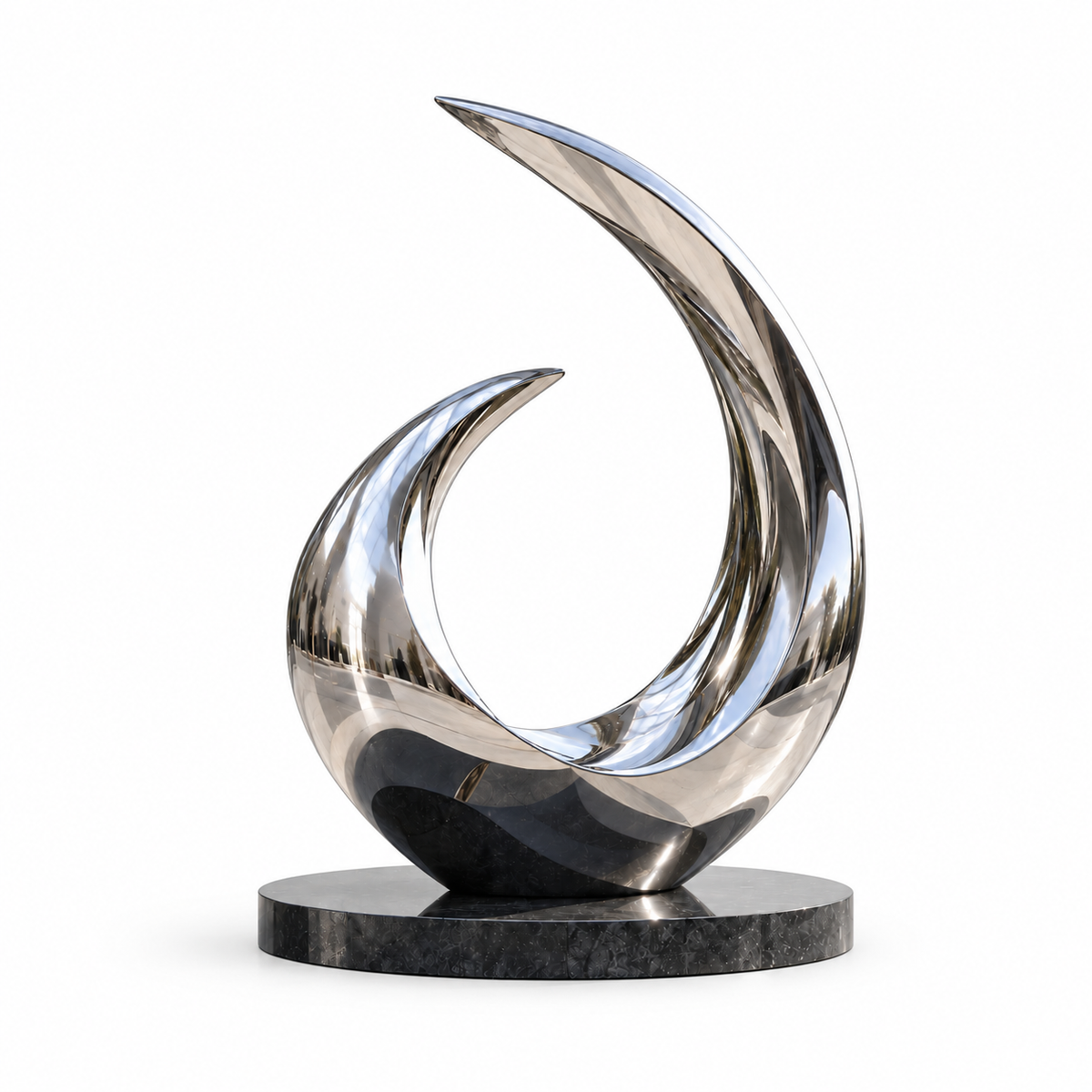 Mirror polished stainless steel abstract curved wave sculpture on a white background