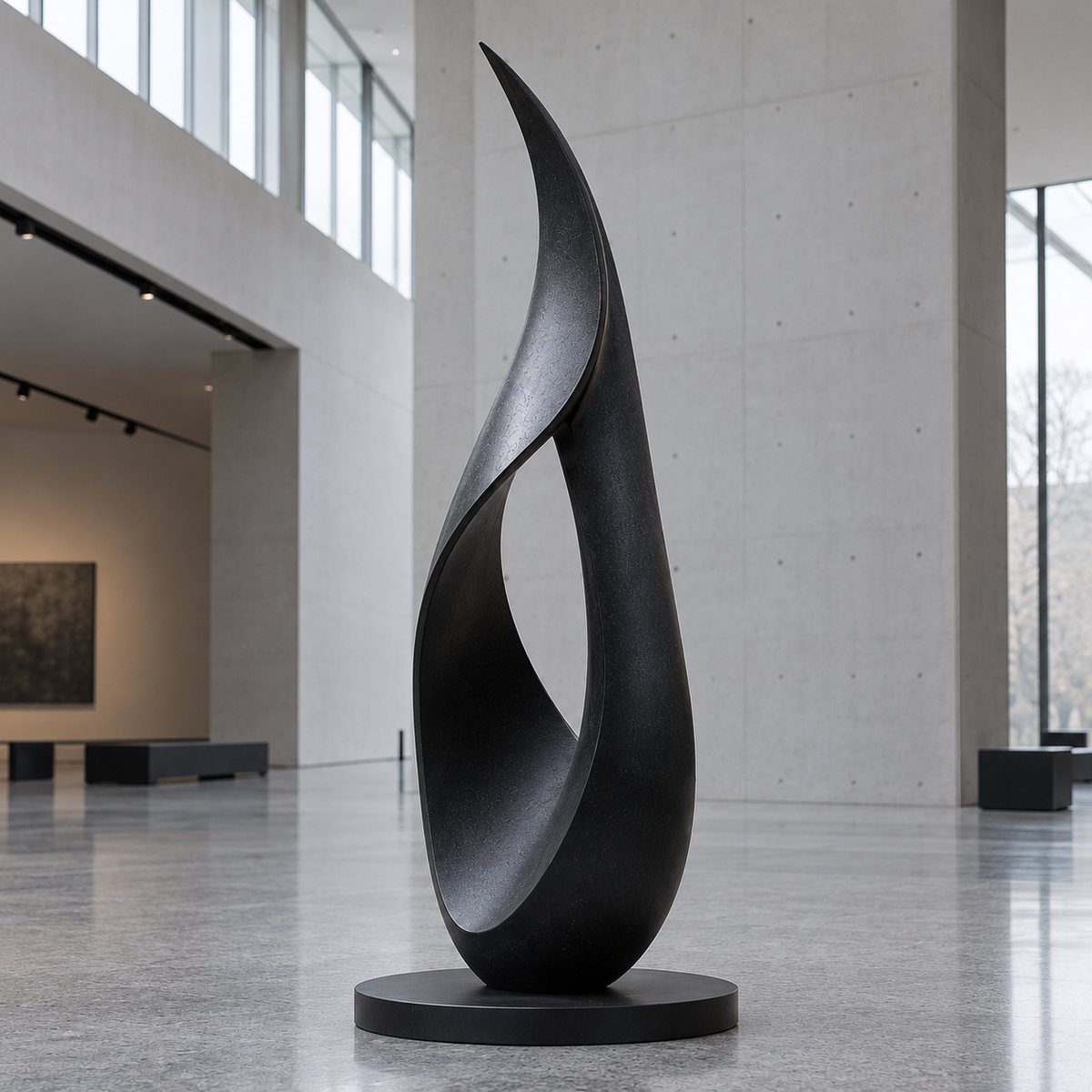 Eternal Flame dark bronze abstract loop sculpture with a tapered tip and circular base in a bright concrete gallery atrium.