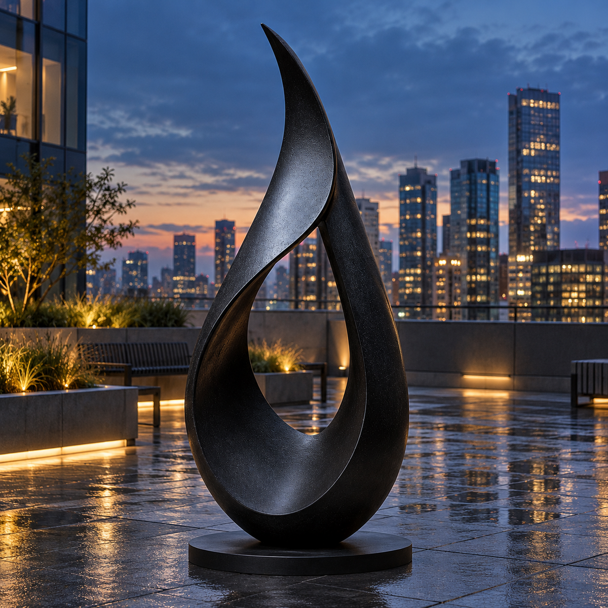 Eternal Flame dark bronze abstract loop sculpture on a rooftop terrace at dusk, with wet paving and an illuminated city skyline.