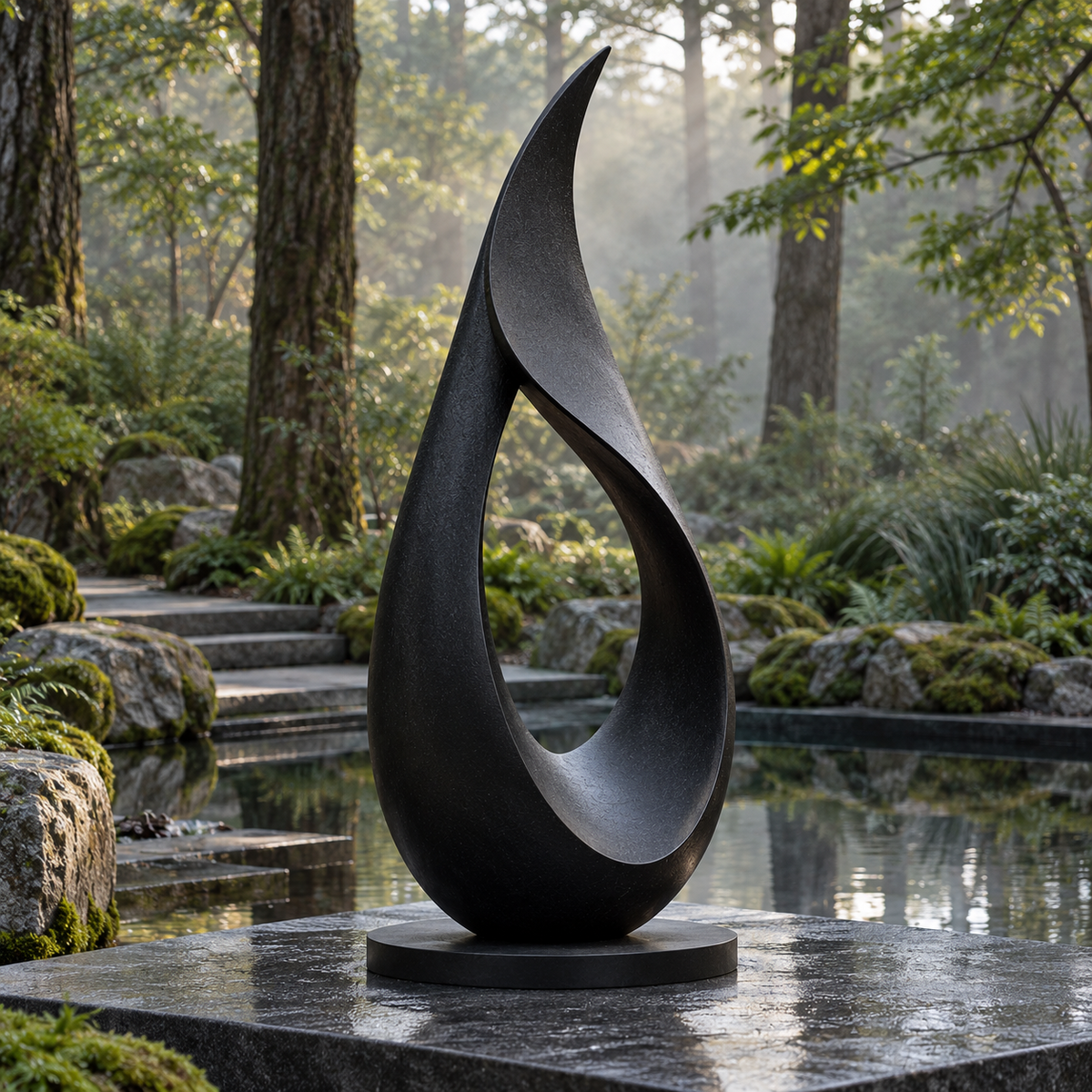 Eternal Flame dark bronze abstract loop sculpture on a stone platform beside a woodland pond surrounded by trees and mossy rocks.