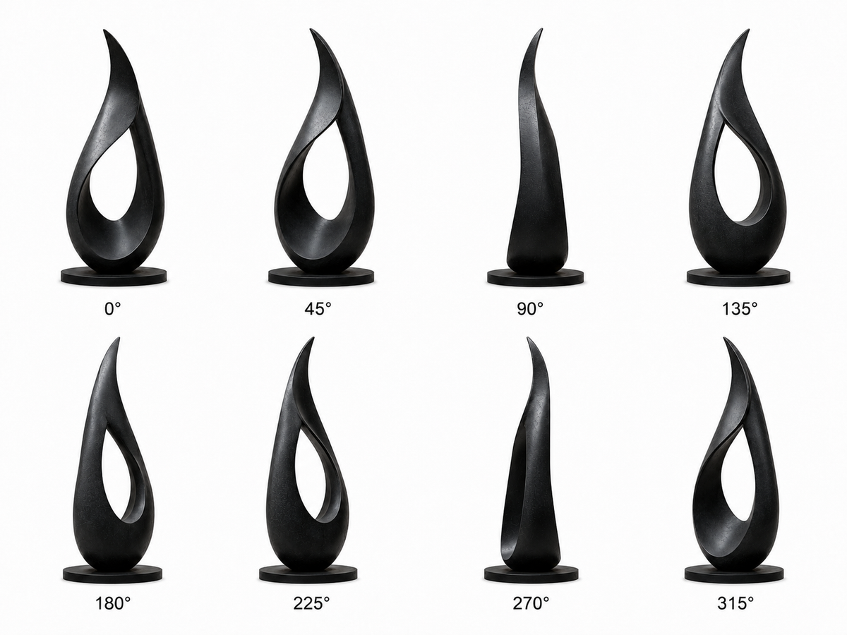 360 degree views of Eternal Flame large bronze abstract loop sculpture shown from eight different angles on a white background