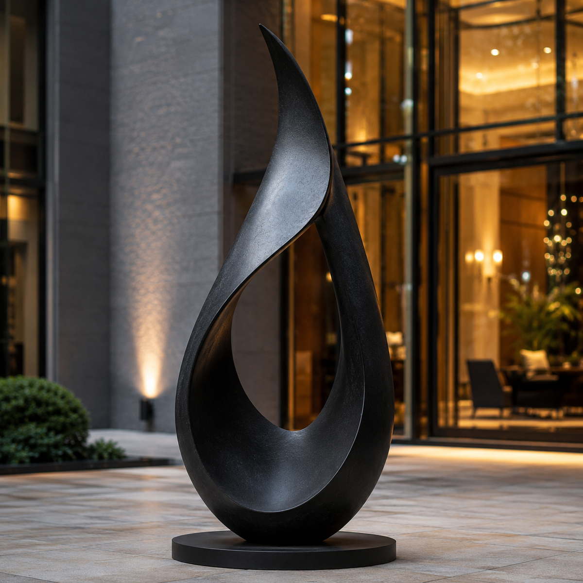 Eternal Flame large bronze abstract loop sculpture displayed in a refined public space with elegant architectural surroundings