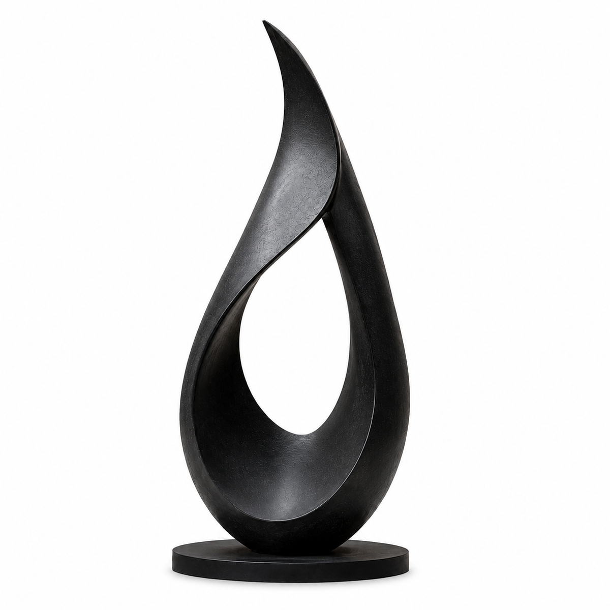 Eternal Flame large bronze abstract loop sculpture on a white background featuring a smooth flame inspired open form