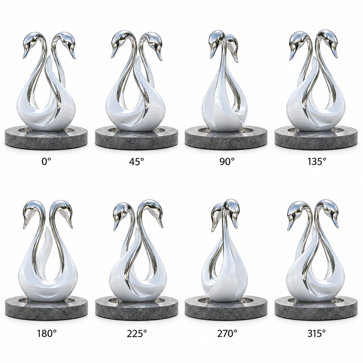 360 degree multi-angle views of Eternal Grace mirror stainless steel double swan sculpture