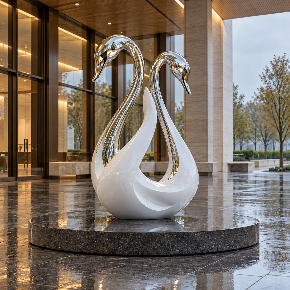 Eternal Grace Mirror Stainless Steel Double Swan Sculpture — glass-fronted entrance.