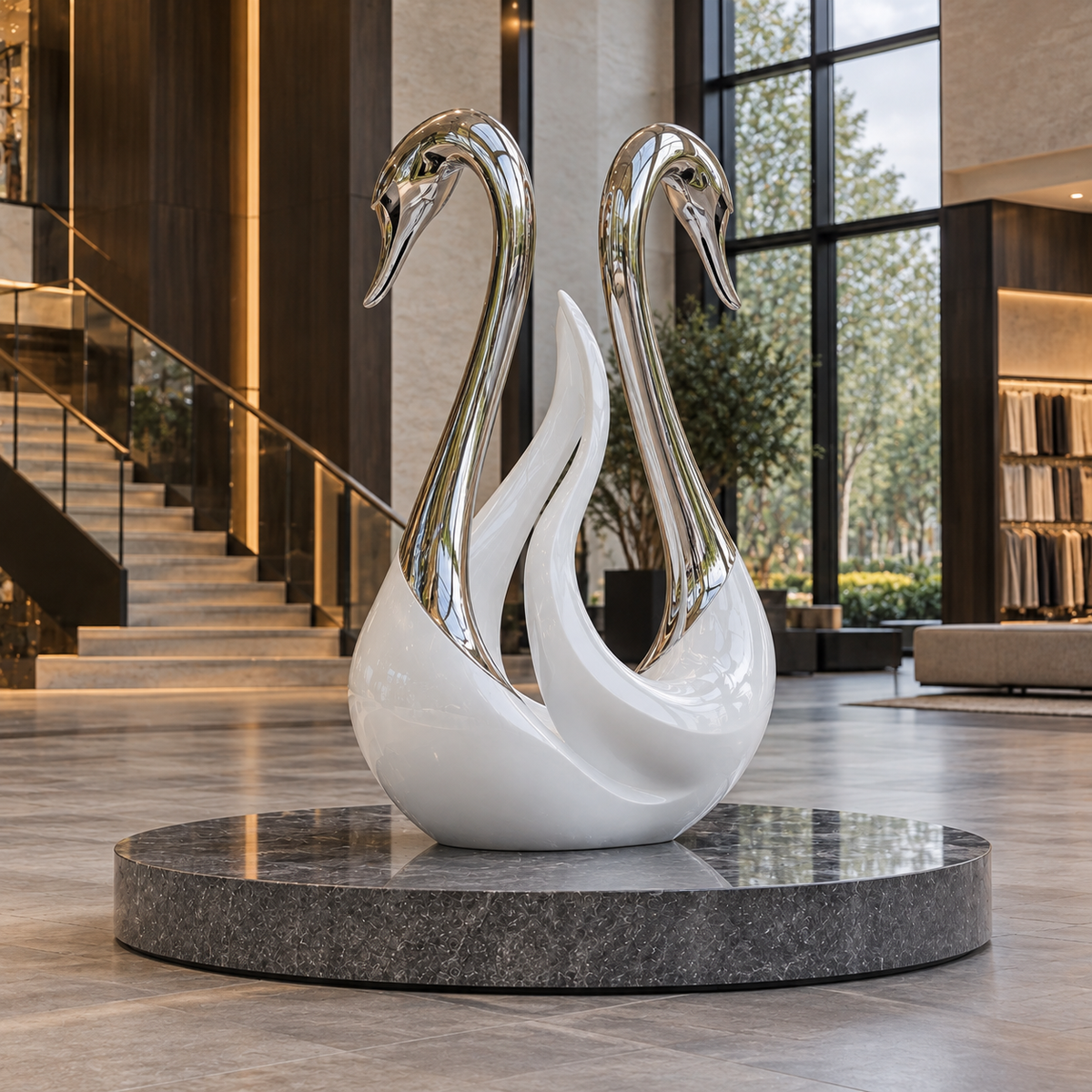 Eternal Grace Mirror Stainless Steel Double Swan Sculpture — modern lobby beside a staircase.