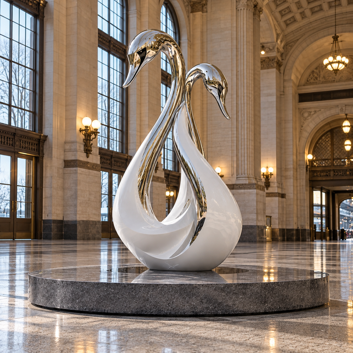 Eternal Grace Mirror Stainless Steel Double Swan Sculpture — ornate grand hall.