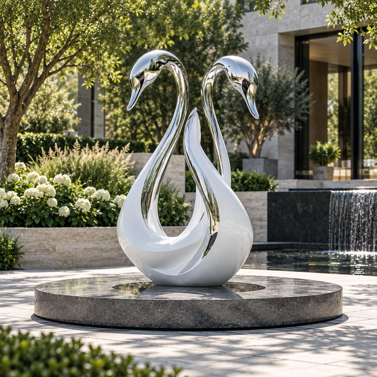 Eternal Grace mirror stainless steel double swan sculpture displayed in a luxury outdoor garden and landscape setting