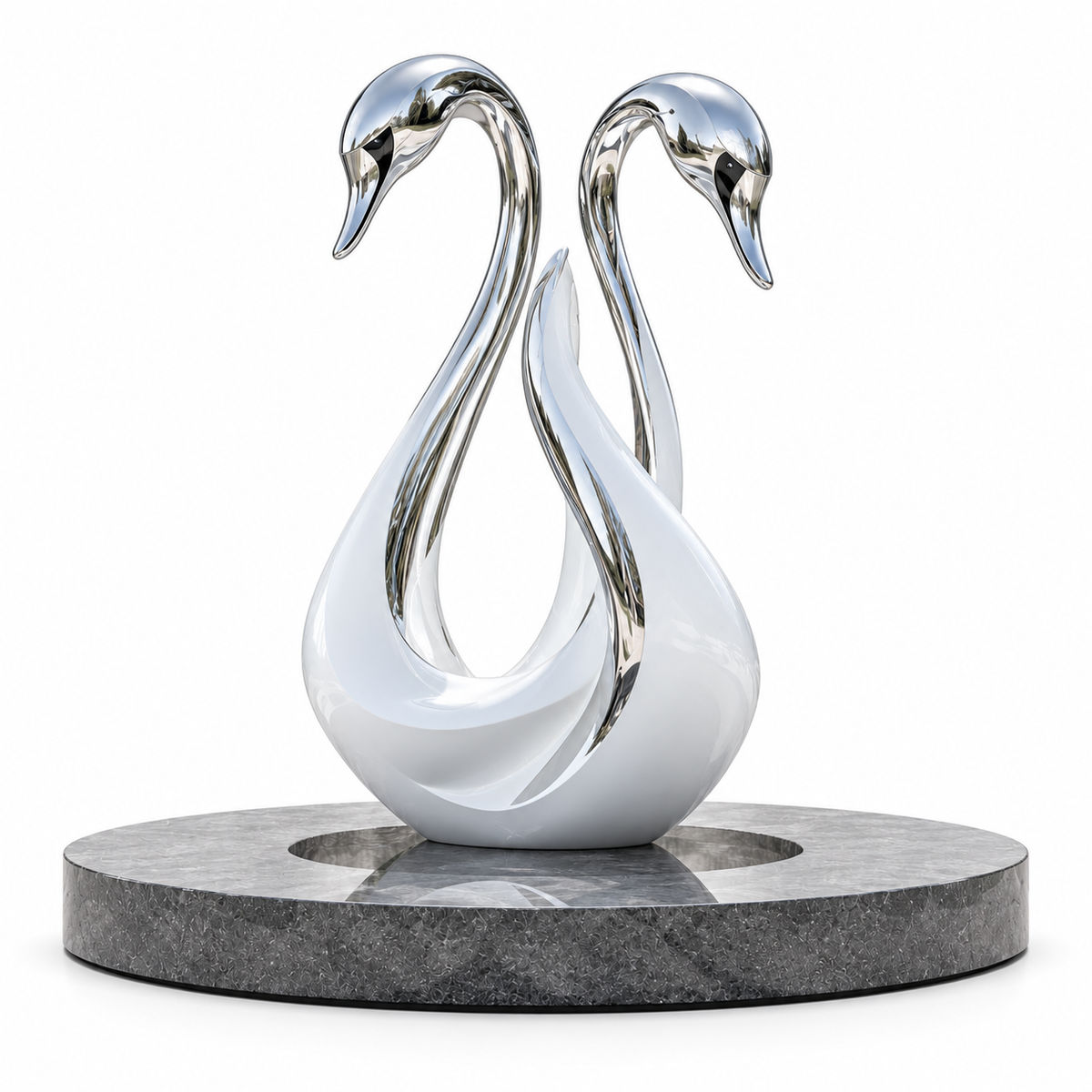 Eternal Grace mirror stainless steel double swan sculpture on a white background