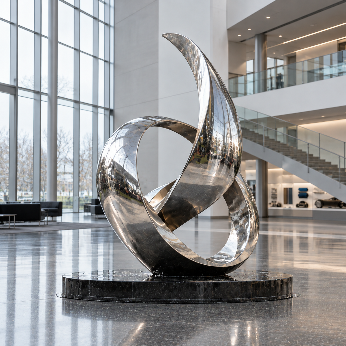 Eternal Motion Mirror Stainless Steel Abstract Ribbon Sculpture displayed in a bright atrium beside a staircase.