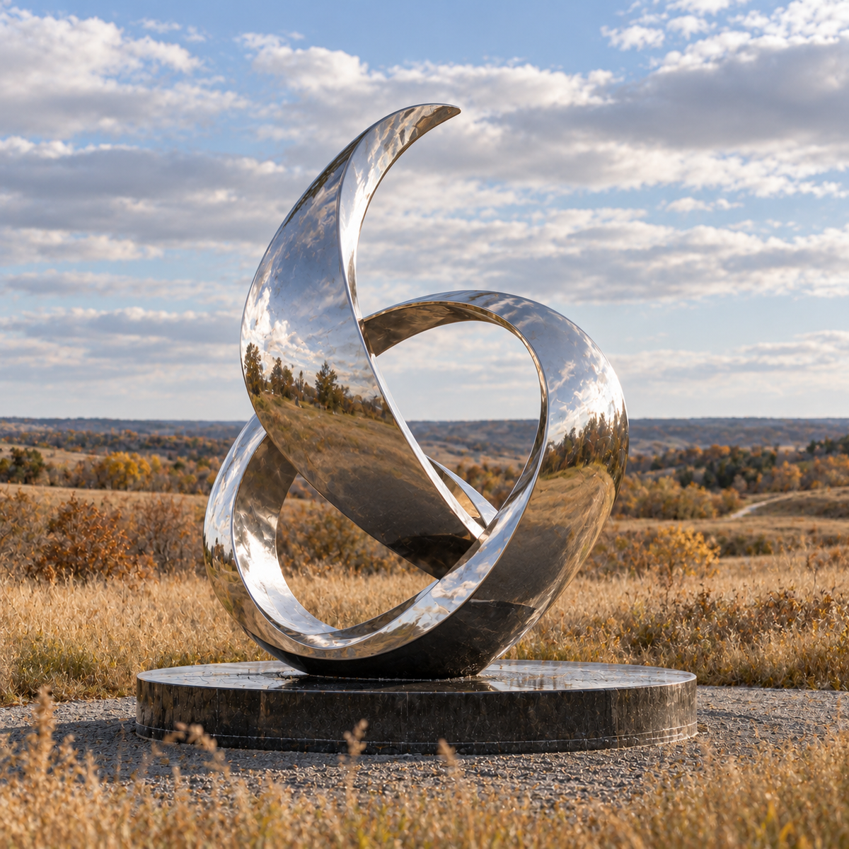Eternal Motion Mirror Stainless Steel Abstract Ribbon Sculpture displayed in an open prairie landscape.