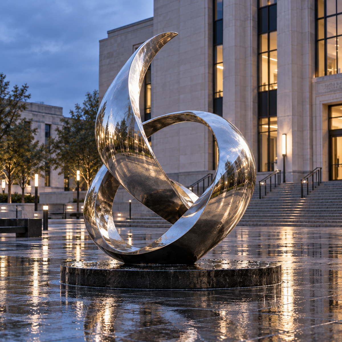 Eternal Motion Mirror Stainless Steel Abstract Ribbon Sculpture displayed in a wet city plaza at dusk.