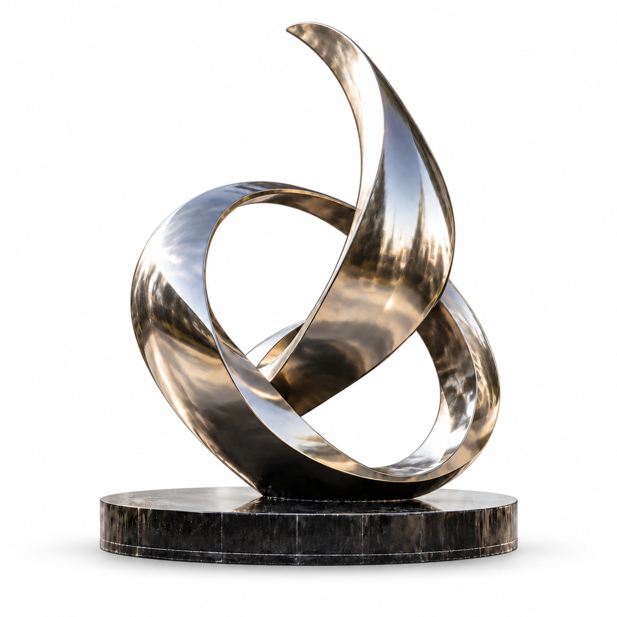 Eternal Motion mirror stainless steel abstract sculpture featuring flowing intertwined ribbon forms on a black circular base against a white background.