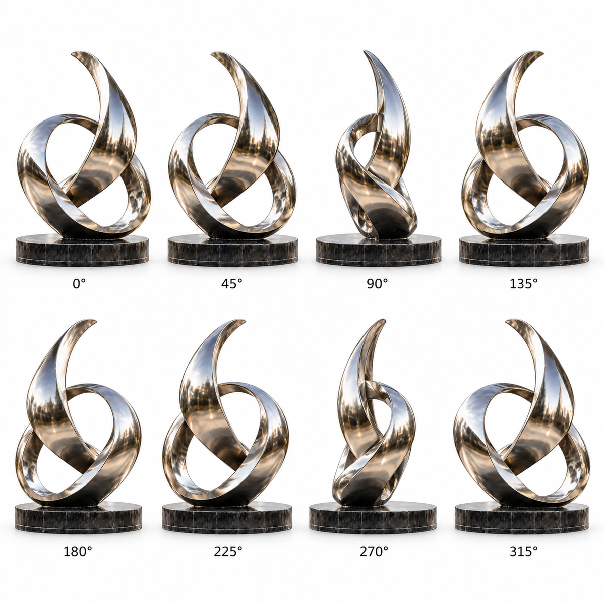 Eternal Motion mirror stainless steel abstract ribbon sculpture shown from eight angles in a complete 360-degree product view.
