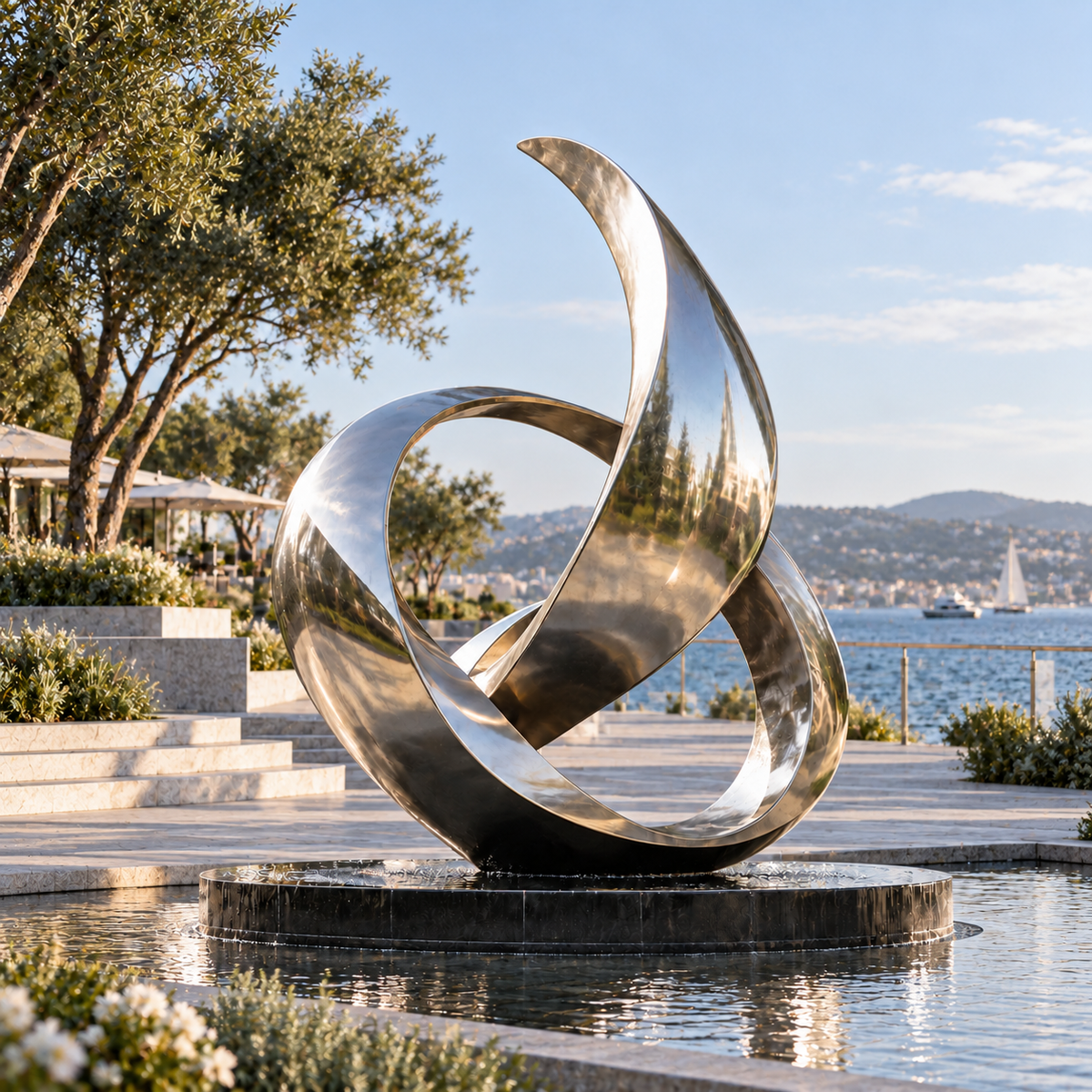 Eternal Motion mirror stainless steel abstract ribbon sculpture displayed in a luxury waterfront landscape with reflective water and coastal scenery.