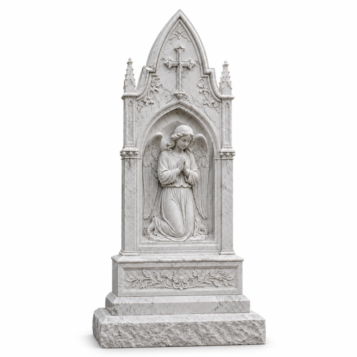 Eternal Prayer white marble praying angel memorial headstone on a white background featuring carved angel and Gothic architectural details