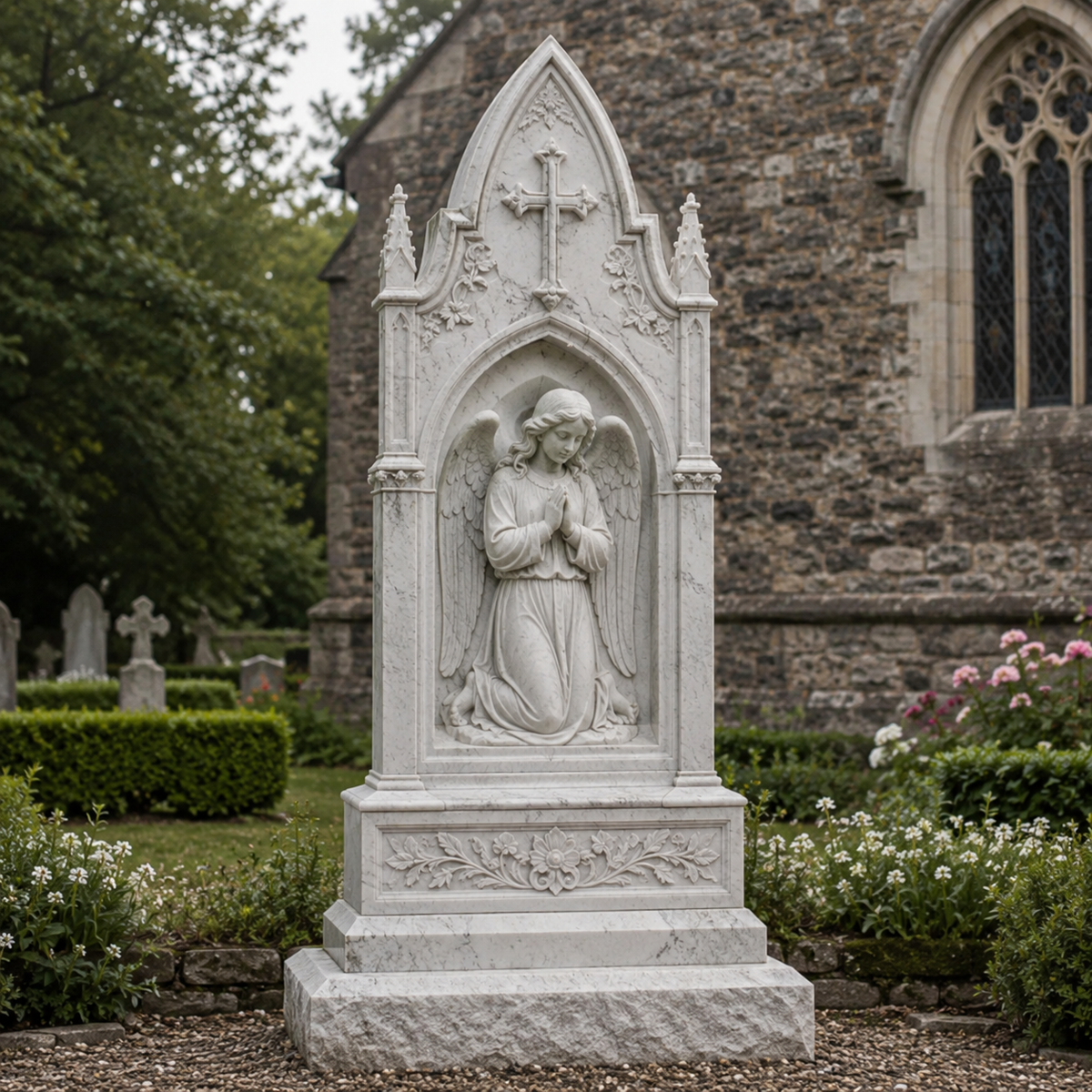 Eternal Prayer white marble praying angel memorial headstone displayed in a classical cemetery setting