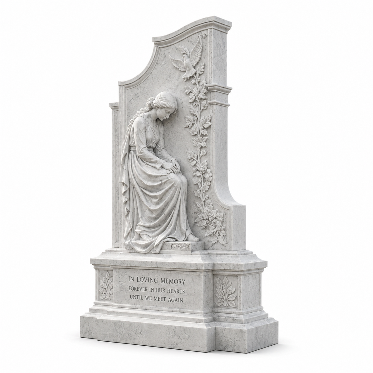 Eternal Remembrance white marble memorial headstone with mourning woman and dove on a white background featuring a classical memorial design