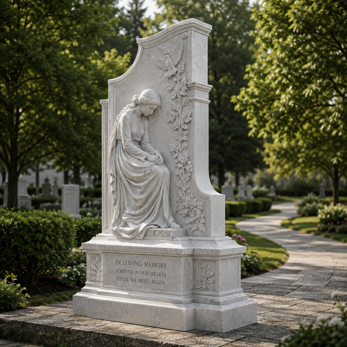Eternal Remembrance white marble memorial headstone with mourning woman and dove displayed in a classical cemetery setting