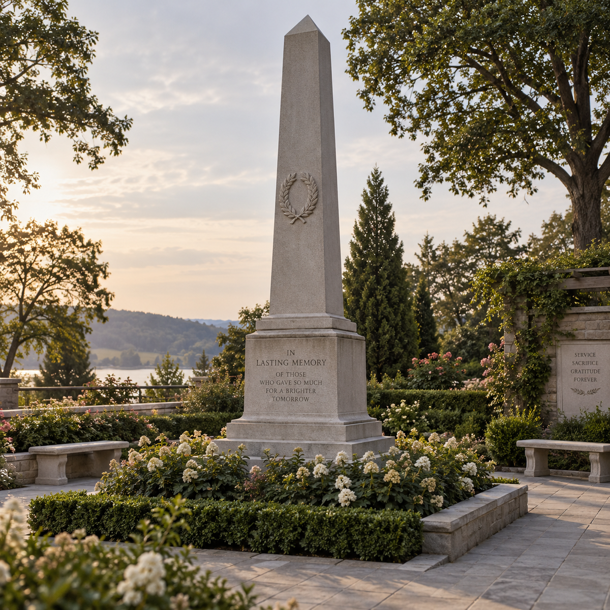 Eternal Tribute white marble memorial obelisk sculpture displayed in a landscaped outdoor remembrance garden with flowers, benches, and warm evening light.