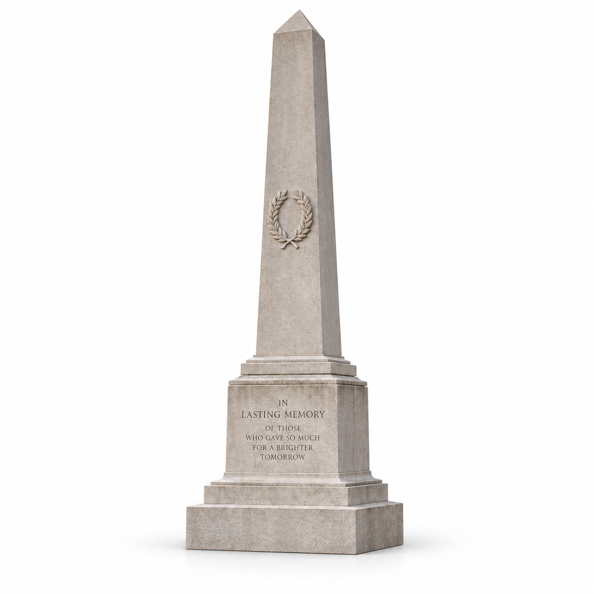 Eternal Tribute white marble memorial obelisk sculpture isolated on a clean white background, showing its classical monument form and carved laurel wreath detail.
