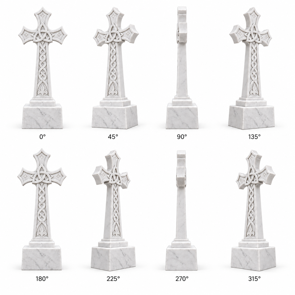 360 degree views of Eternal Trinity white marble Celtic cross memorial shown from eight different angles