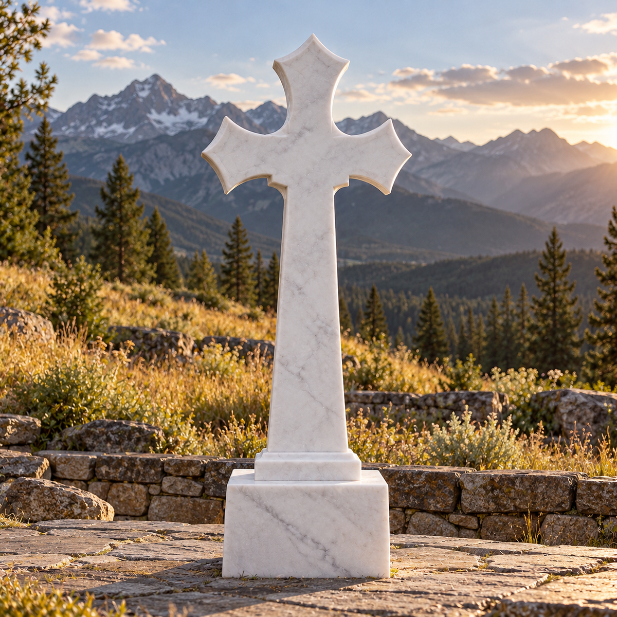 Eternal Trinity White Marble Celtic Cross Memorial — mountain terrace at sunset viewed from behind.