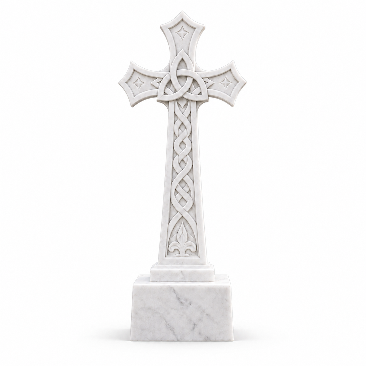 Eternal Trinity white marble Celtic cross memorial displayed in a traditional cemetery setting beside a stone church