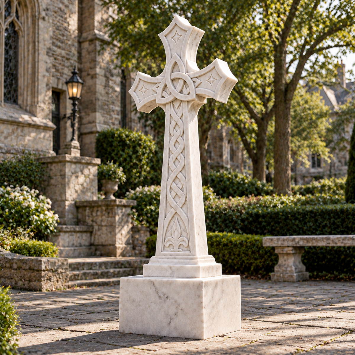 Eternal Trinity White Marble Celtic Cross Memorial — stone chapel garden.