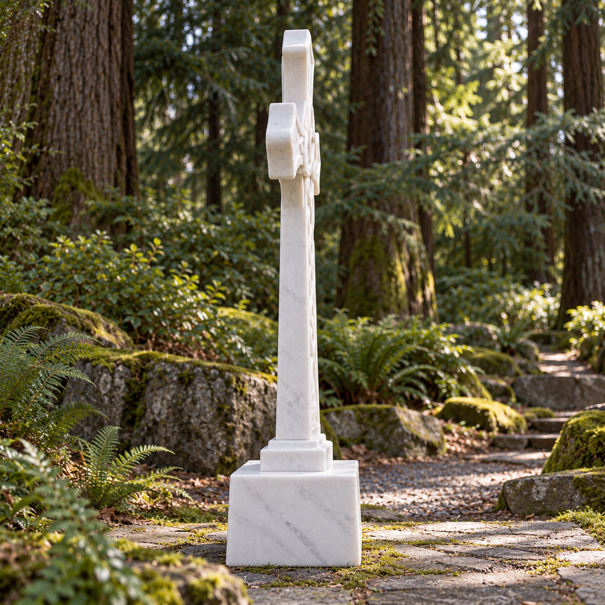 Eternal Trinity White Marble Celtic Cross Memorial — woodland path viewed from the side.
