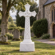 Eternal Trinity white marble Celtic cross memorial on a white background featuring classical Christian monument detailing