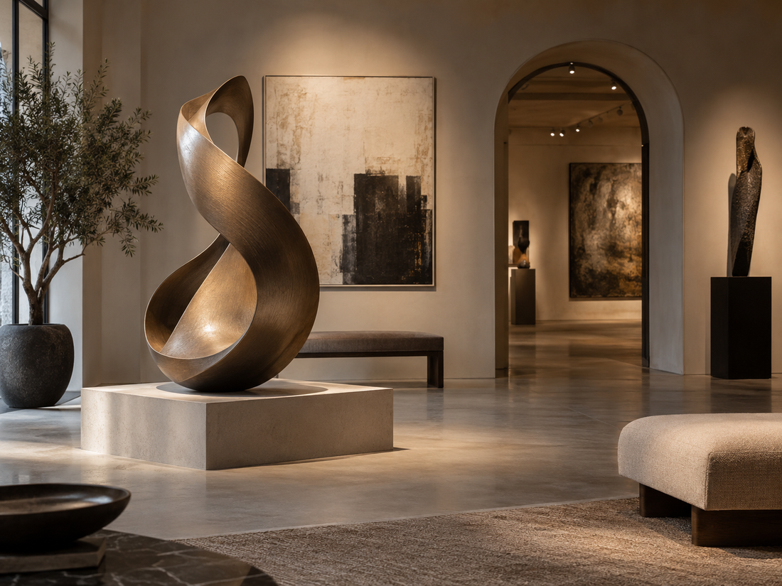 Bronze abstract sculpture on a pedestal in a warmly lit interior.
