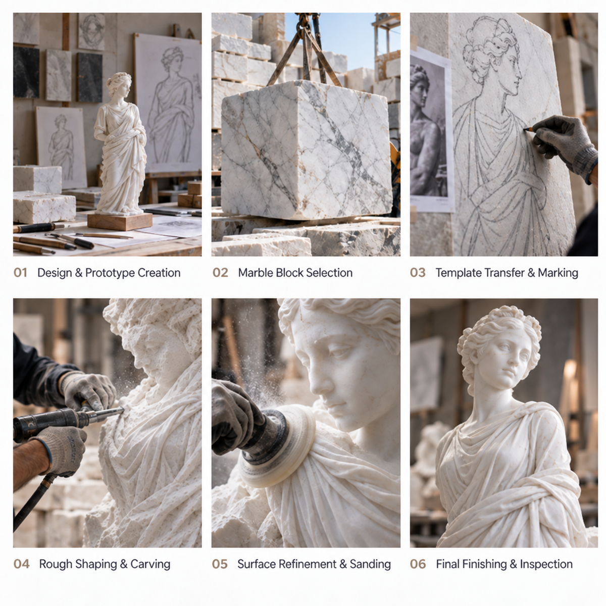 Six-panel diagram of marble sculpture selection, rough carving, detailed carving and finishing.