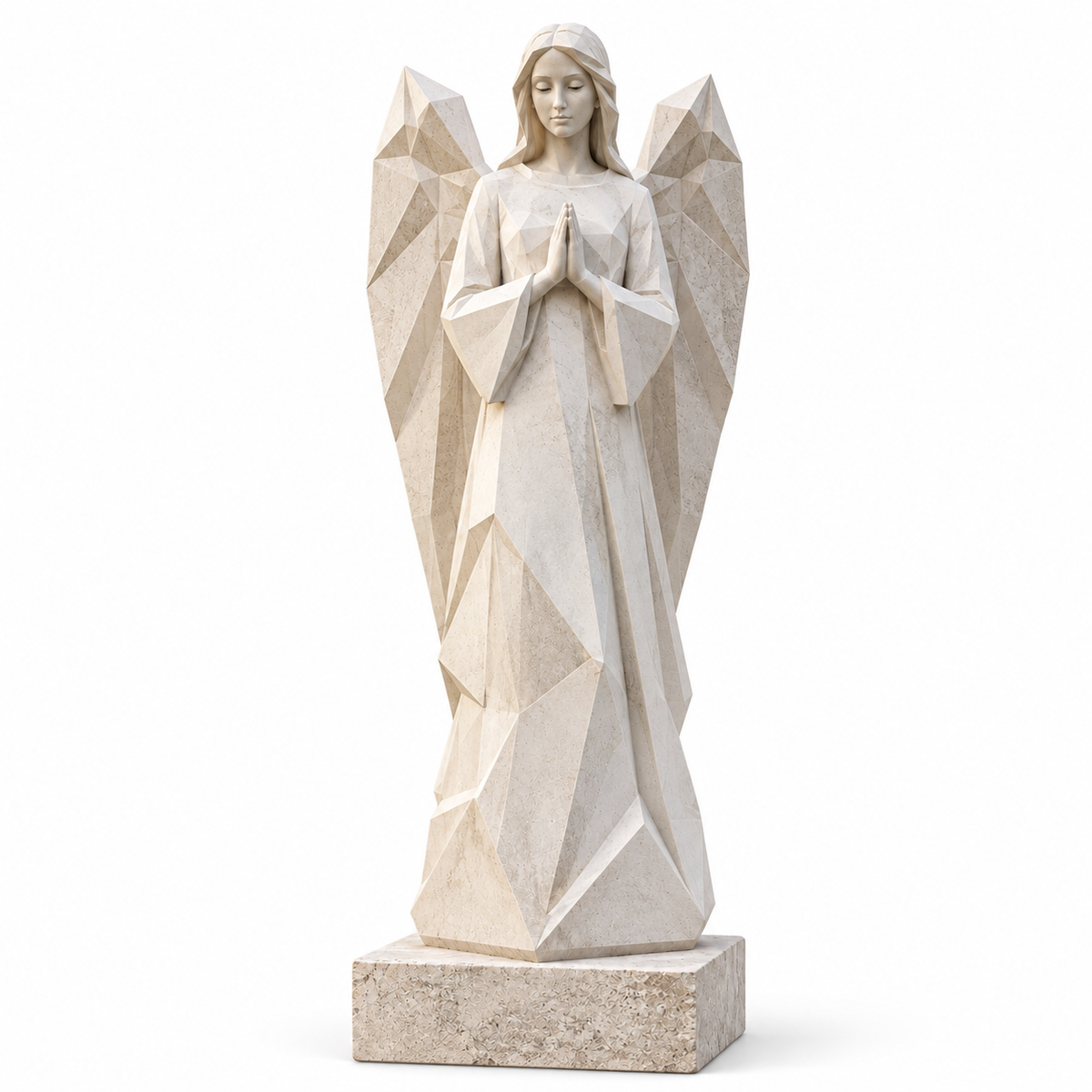 White marble geometric praying angel sculpture with faceted wings on a white background