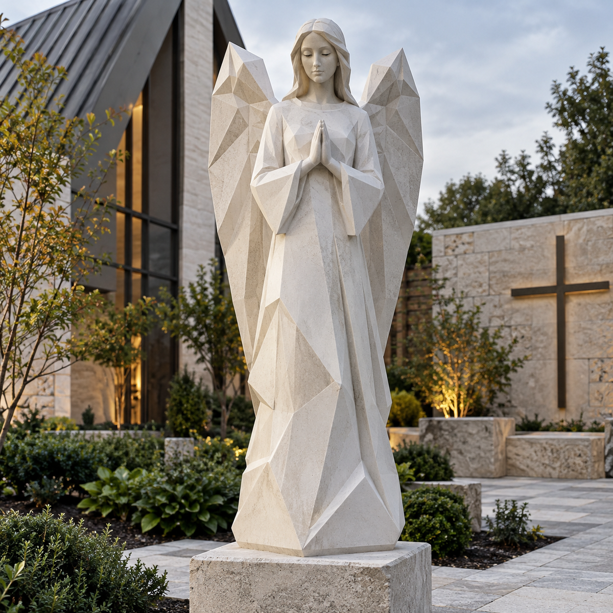 Faceted Serenity white marble geometric praying angel sculpture displayed in a contemporary church garden