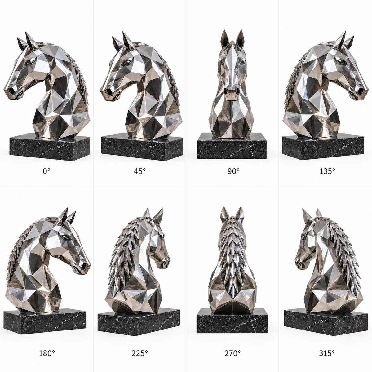 Faceted Stallion mirror stainless steel geometric horse bust sculpture shown from eight angles in a complete 360-degree product view.