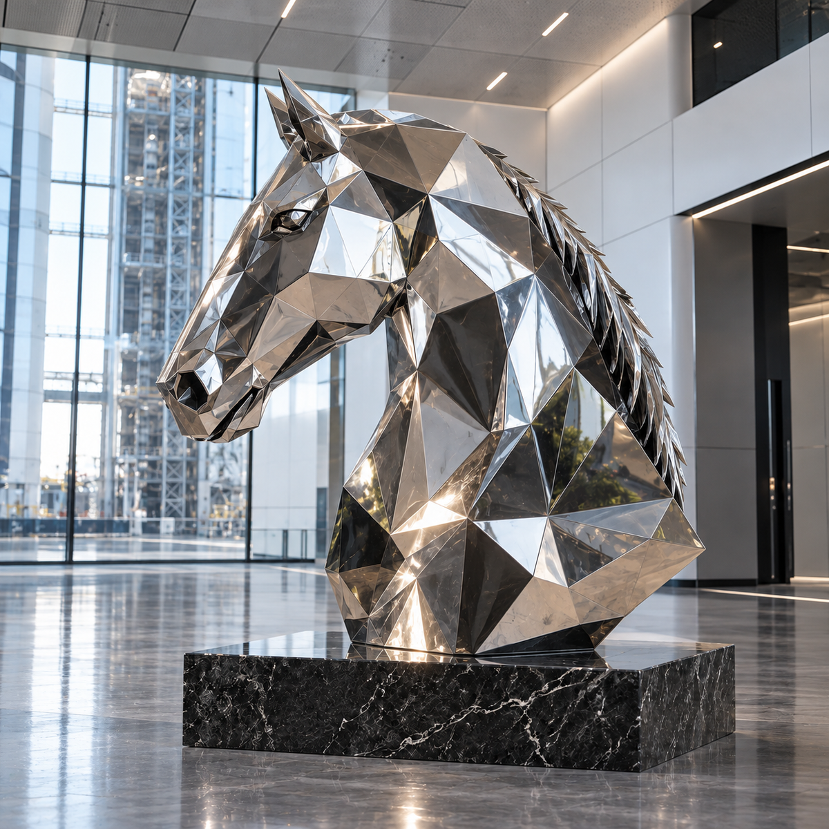 Faceted Stallion Mirror Stainless Steel Geometric Horse Bust Sculpture — bright gallery atrium.