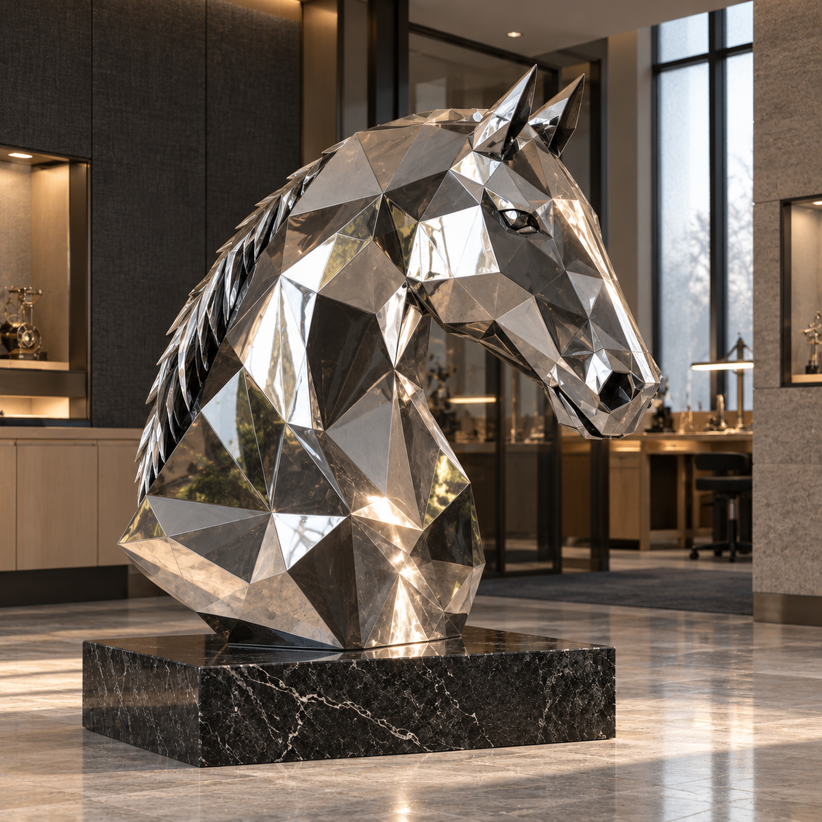Faceted Stallion Mirror Stainless Steel Geometric Horse Bust Sculpture — modern lounge.