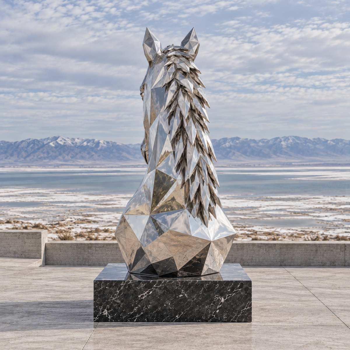Faceted Stallion Mirror Stainless Steel Geometric Horse Bust Sculpture — terrace overlooking a salt flat viewed from behind.