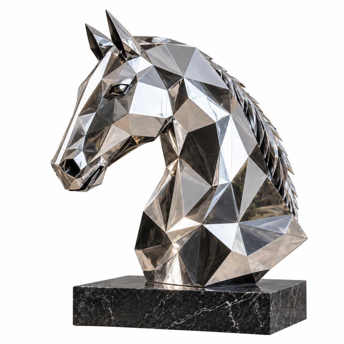 Faceted Stallion mirror stainless steel geometric horse bust sculpture with angular faceted surfaces and black stone base on a white background.