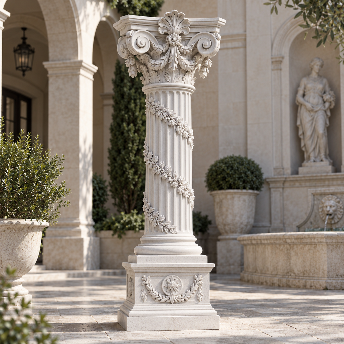 Floral Corinthian white marble classical column sculpture with carved floral vines displayed in an elegant luxury garden courtyard.