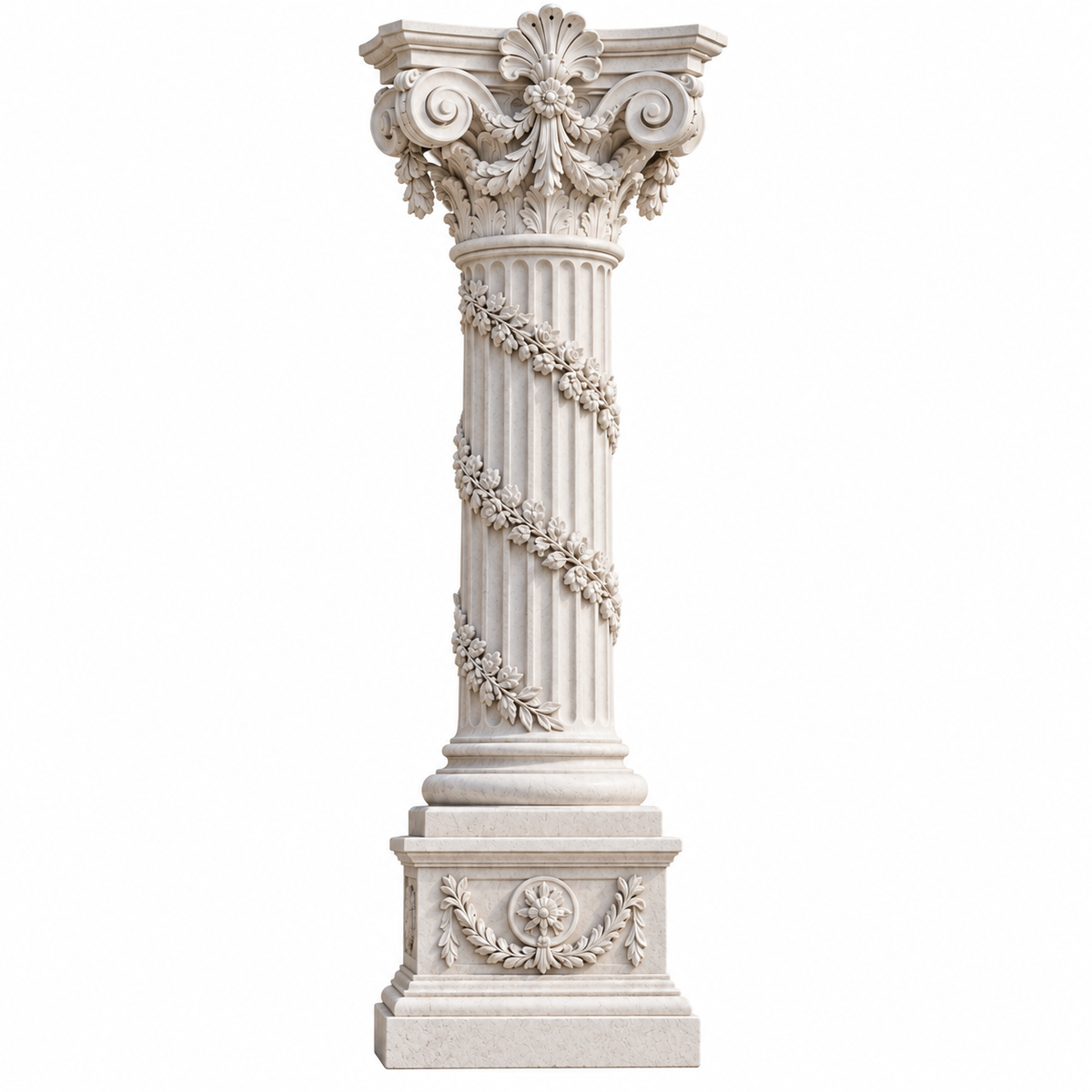 Floral Corinthian white marble classical column sculpture featuring ornate Corinthian details and carved floral vines on a white background.