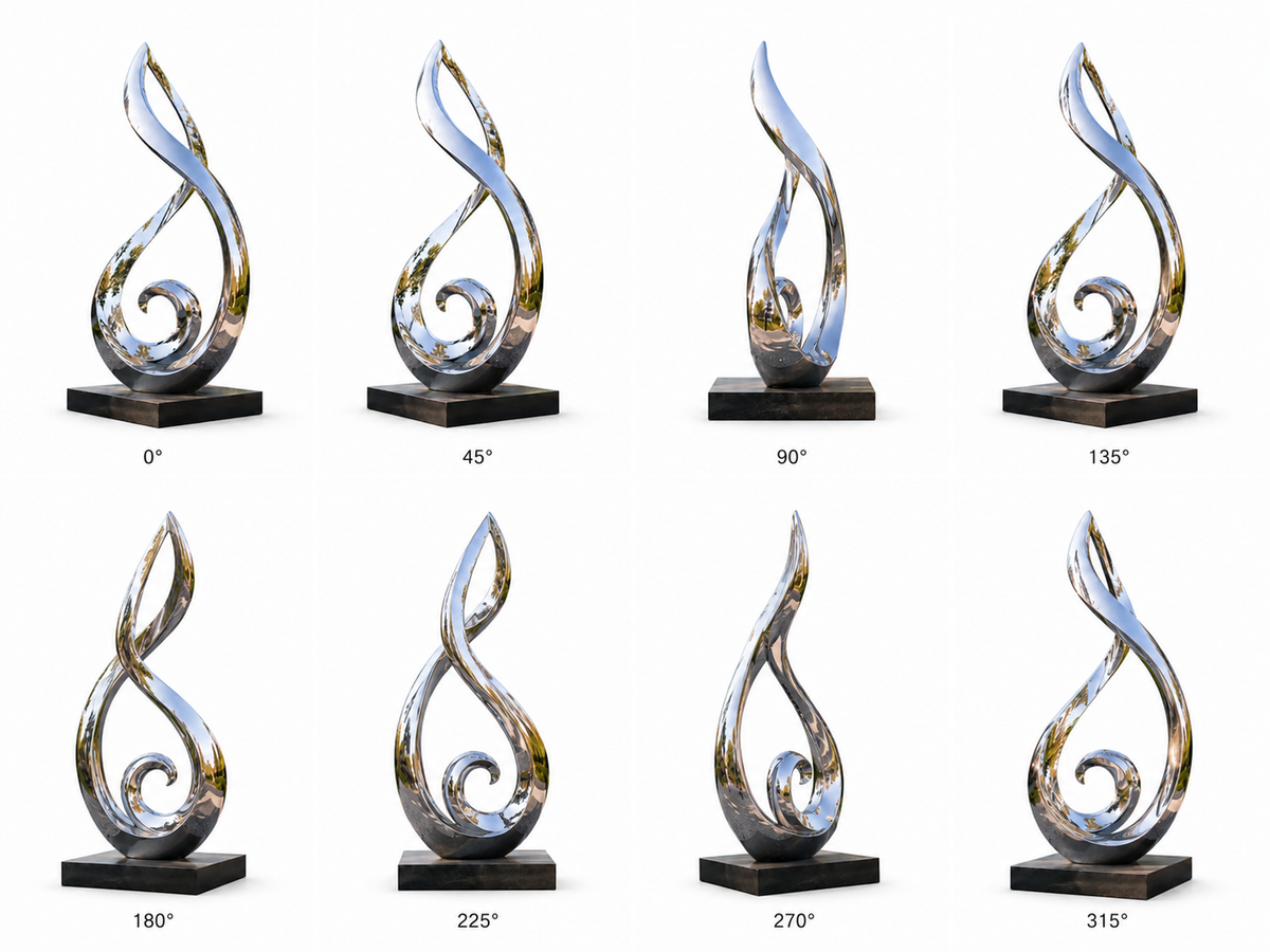 360 degree views of Flowing Spirit mirror stainless steel abstract sculpture shown from eight different angles
