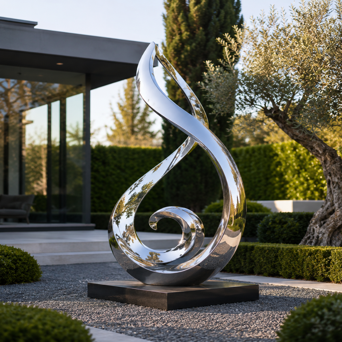 Flowing Spirit mirror stainless steel abstract sculpture displayed in an outdoor garden and landscape setting