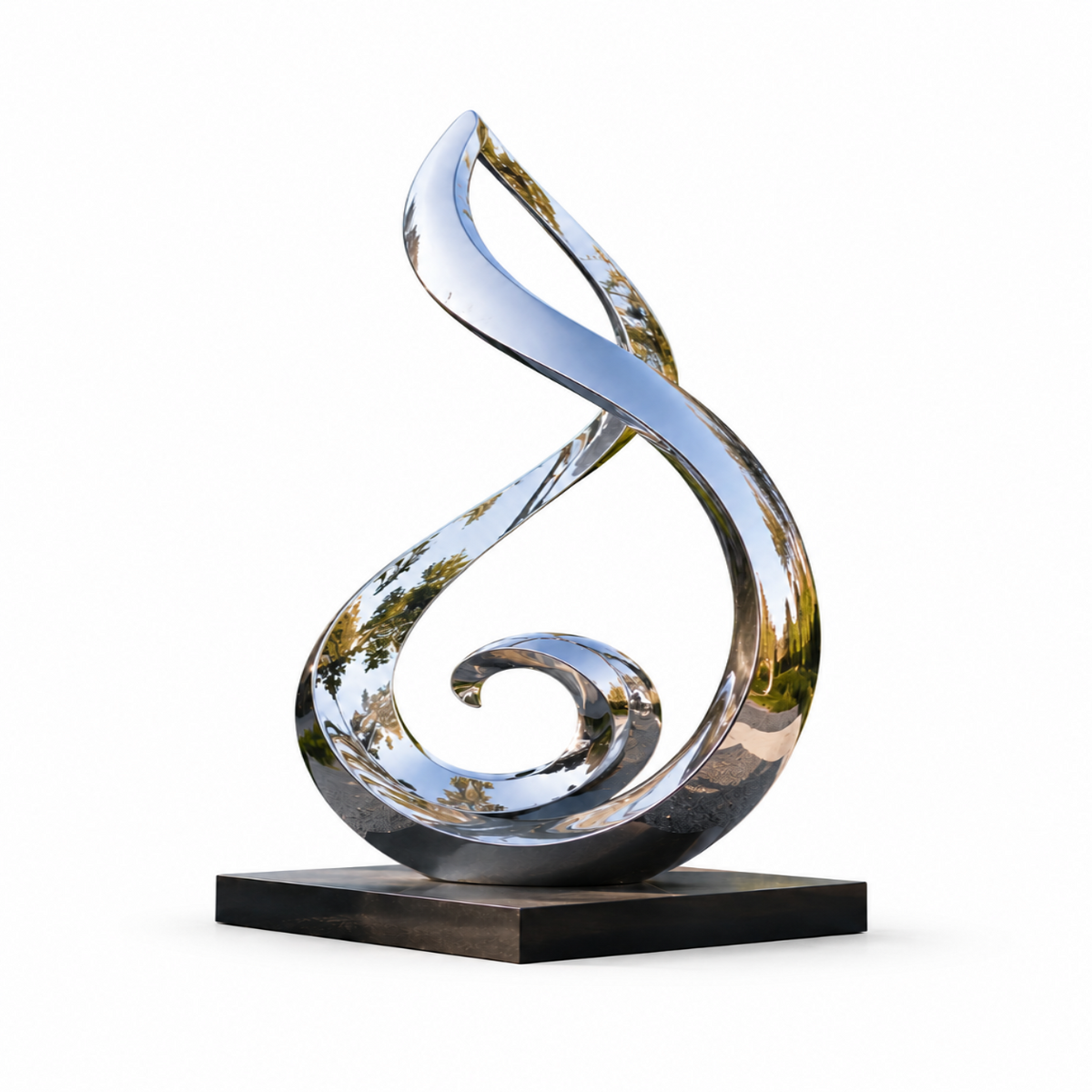 Flowing Spirit mirror stainless steel abstract sculpture on a white background featuring a polished reflective flowing form