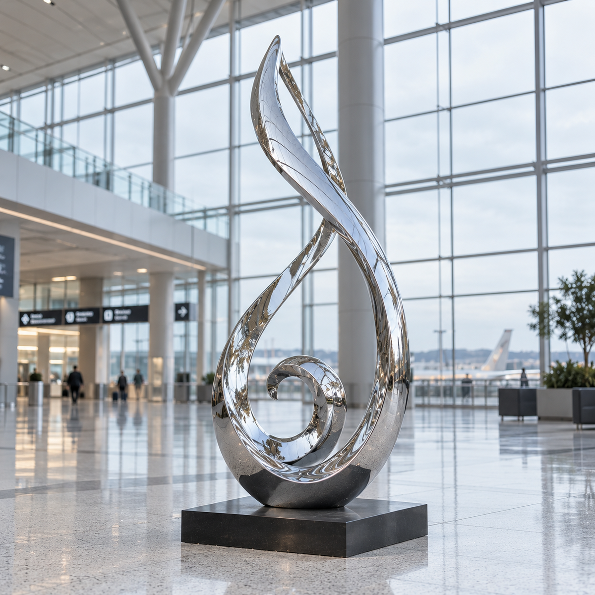 Flowing Spirit mirror stainless steel abstract sculpture with a curled center on a black base in a bright glass-walled airport terminal.