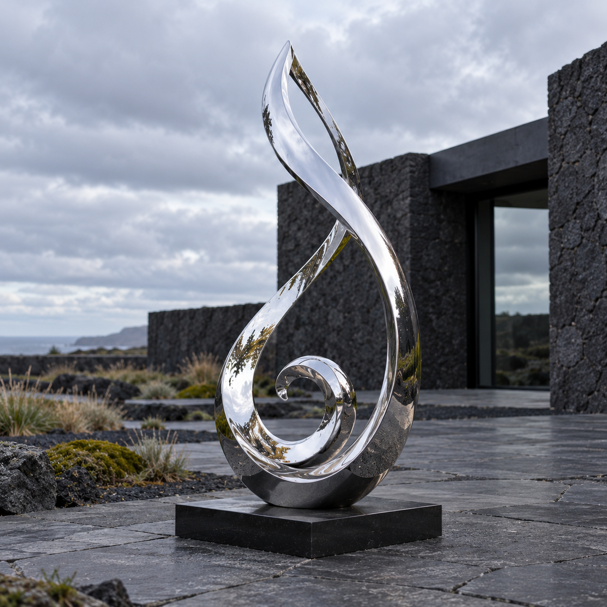 Flowing Spirit mirror stainless steel abstract sculpture in a coastal courtyard with dark stone walls, grasses and an overcast sky.
