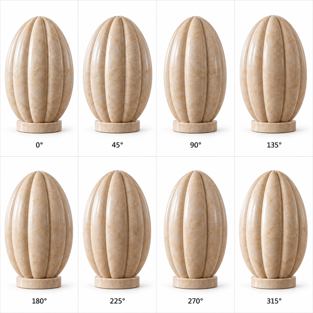 Fluted Stillwater Beige Marble Ribbed Oval sculpture, eight views on a white background at 0, 45, 90, 135, 180, 225, 270 and 315 degrees.