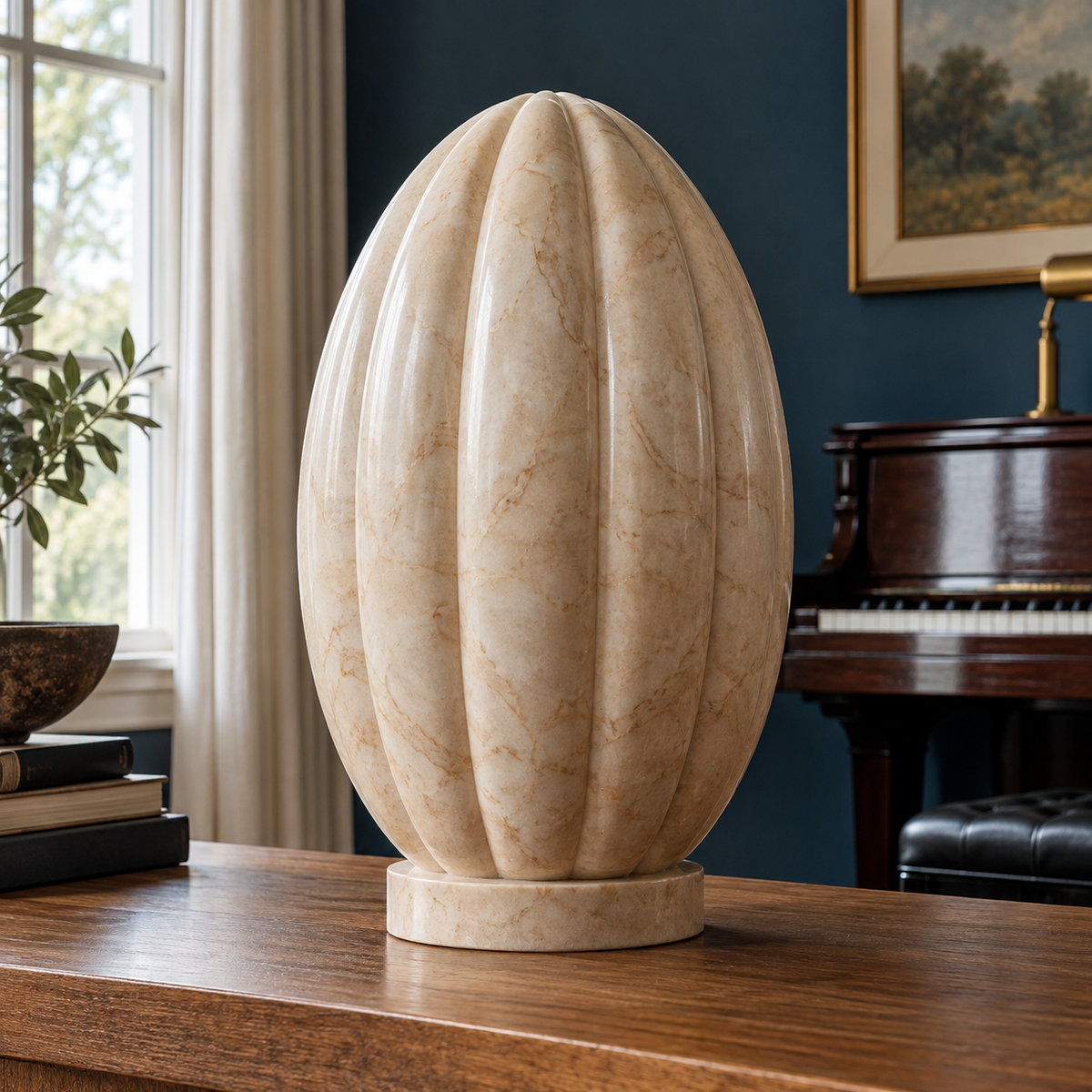 Fluted Stillwater, beige marble ribbed oval sculpture in a natural-light setting.